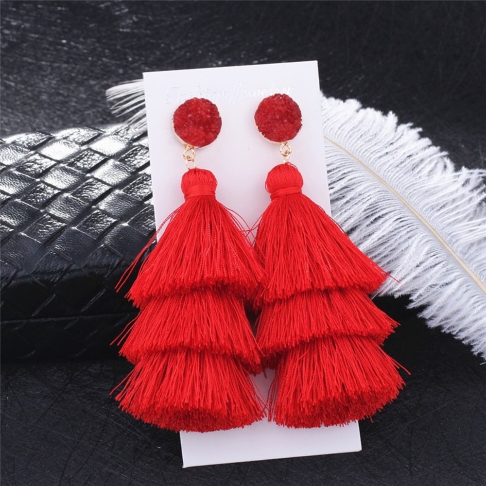 Red Faux Druzy Tassel Earrings